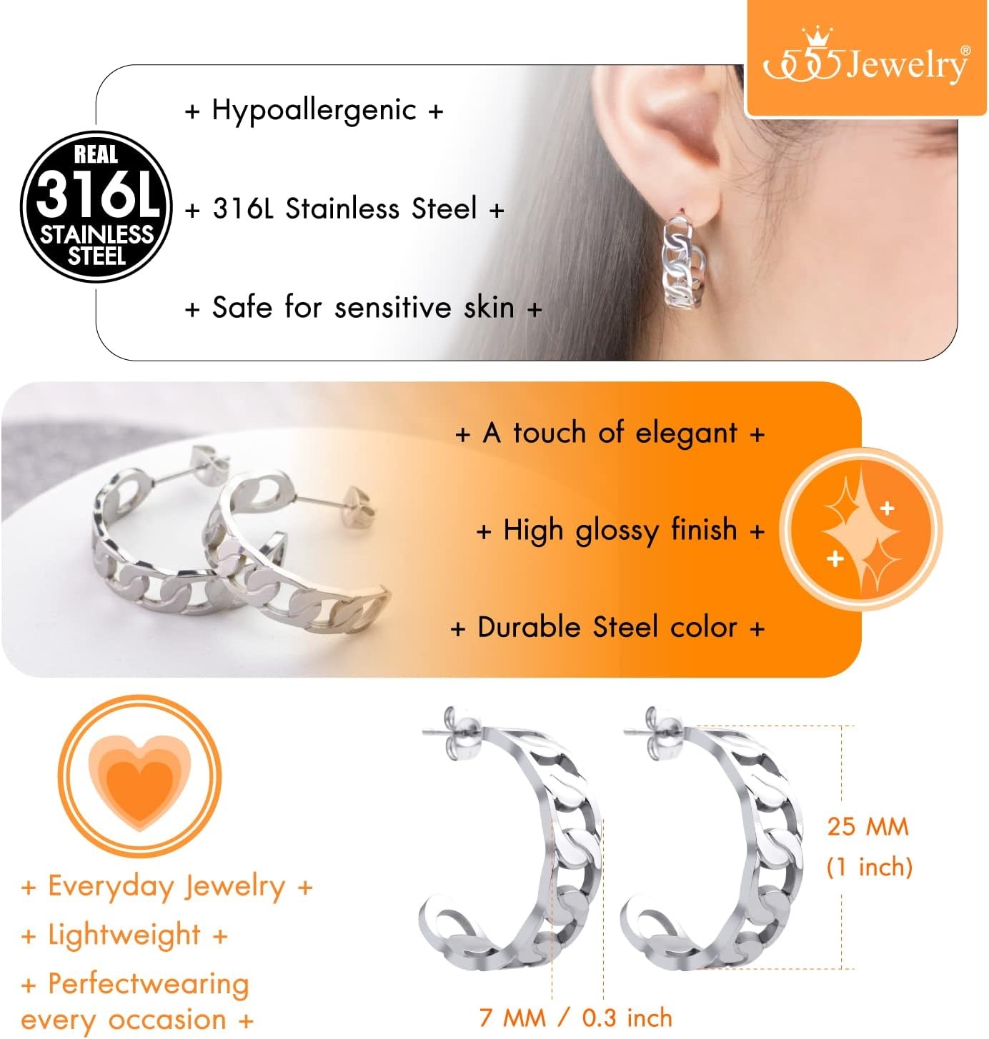 image:image555Jewelry Stainless Steel Medium Curb Link Open Hoop Earrings for Women amp LadiesSilver