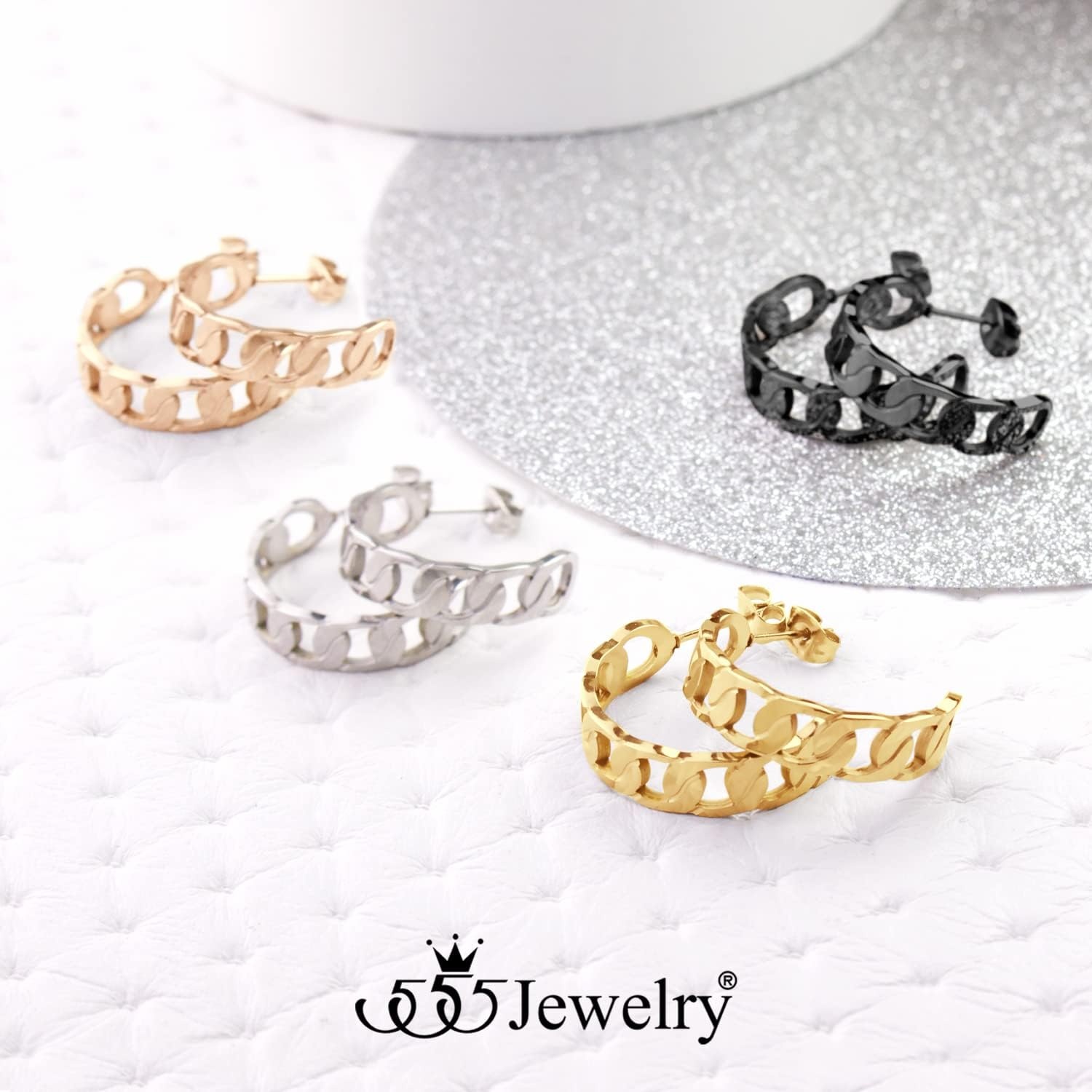 image:image555Jewelry Stainless Steel Medium Curb Link Open Hoop Earrings for Women amp LadiesSilver