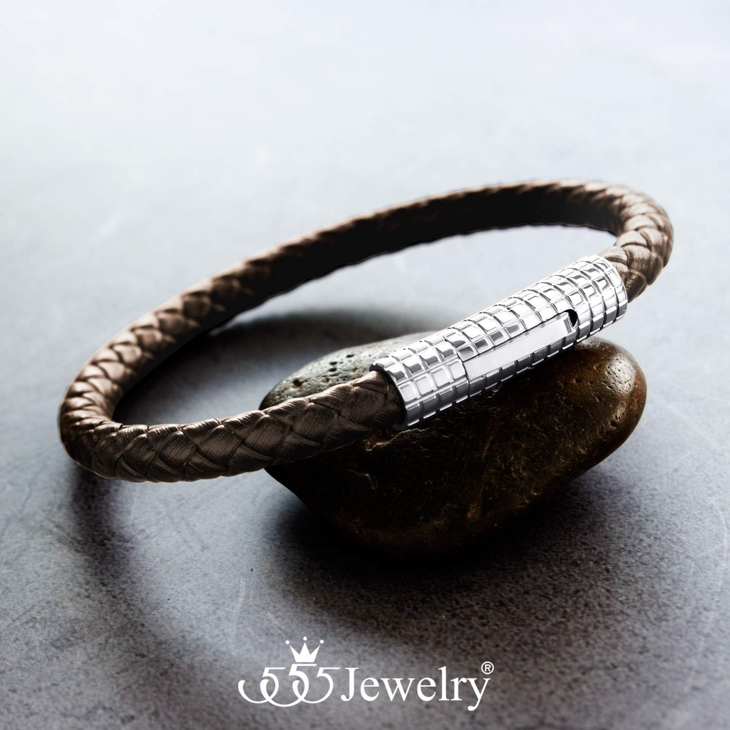 image:image555Jewelry Stainless Steel Ribbed Clasp Braided Black Leather Bracelet for MenBrown Silver Clasp