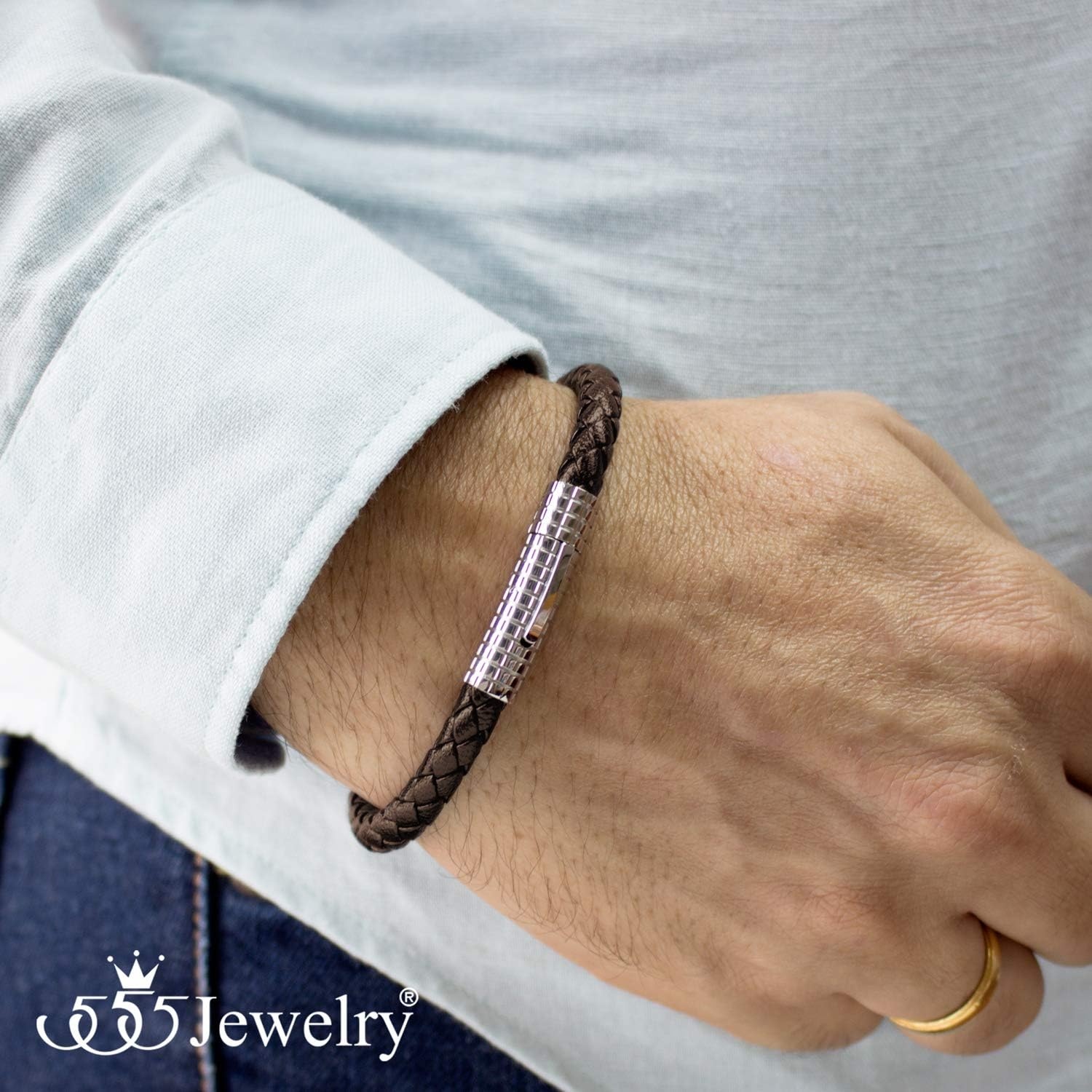 image:image555Jewelry Stainless Steel Ribbed Clasp Braided Black Leather Bracelet for MenBrown Silver Clasp