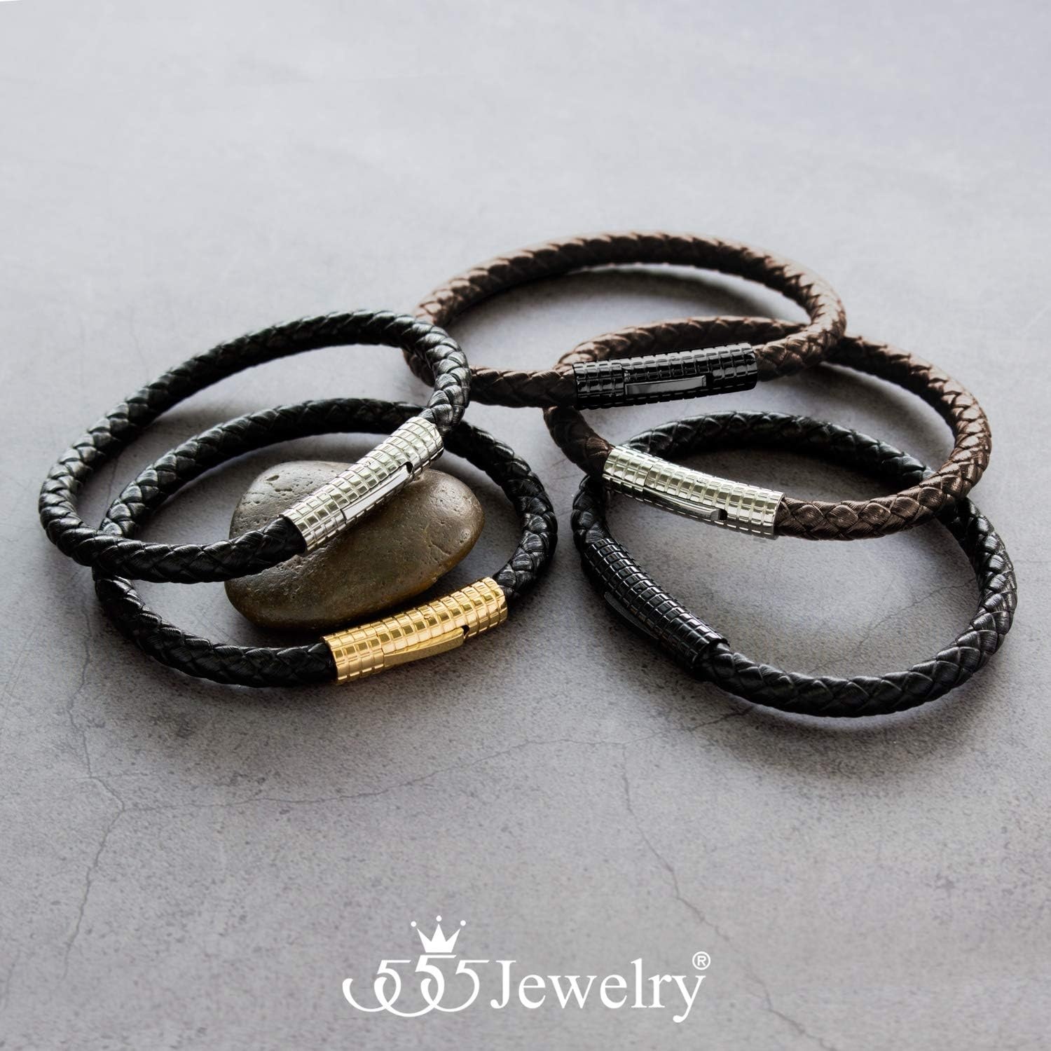 image:image555Jewelry Stainless Steel Ribbed Clasp Braided Black Leather Bracelet for MenSilver