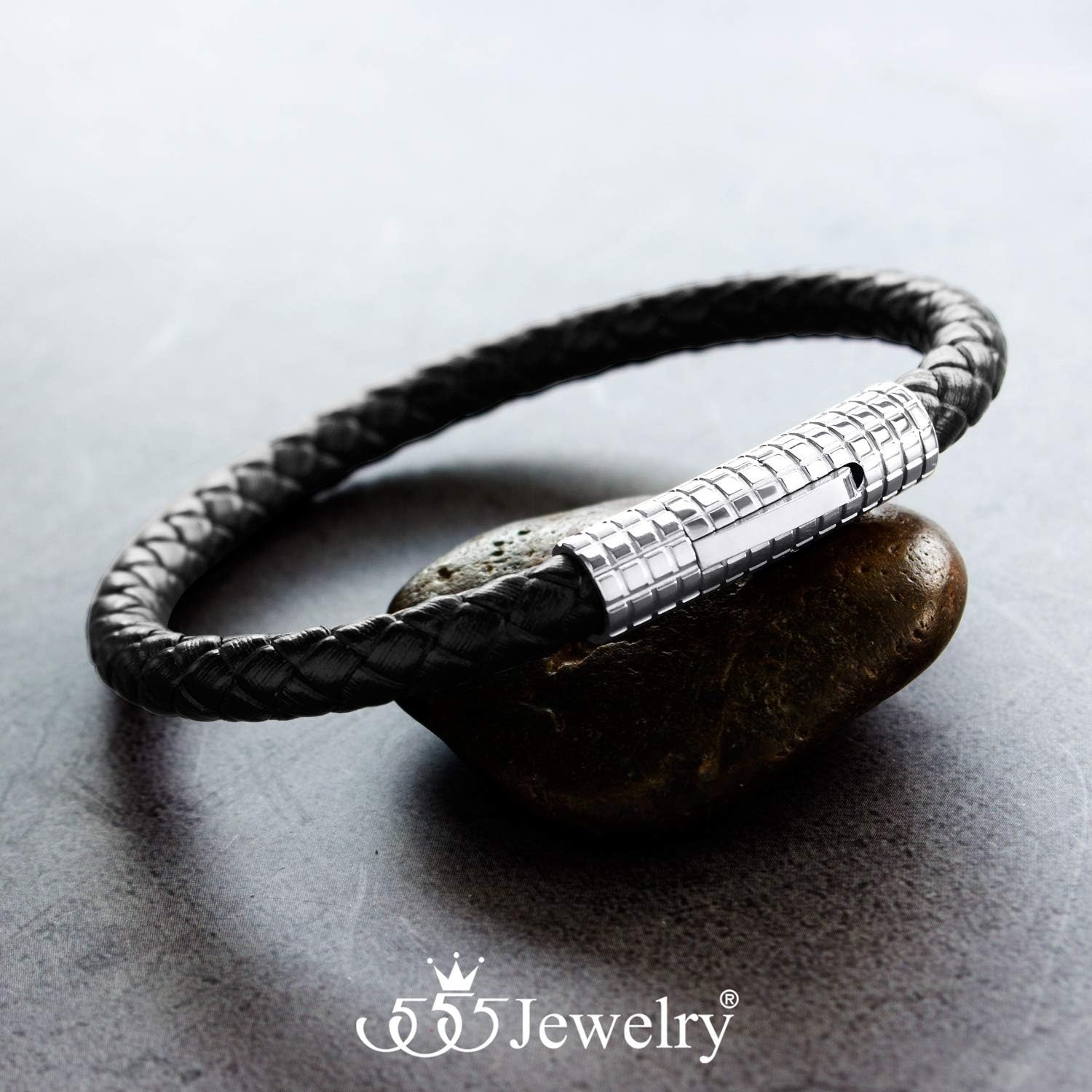 image:image555Jewelry Stainless Steel Ribbed Clasp Braided Black Leather Bracelet for MenSilver