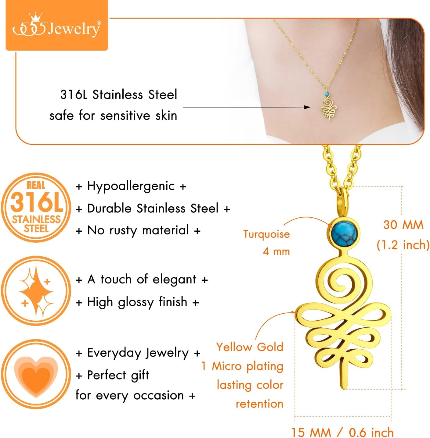image:image555Jewelry Stainless Steel Spiritual Symbol Unalome Turquoise Necklace for WomenGold