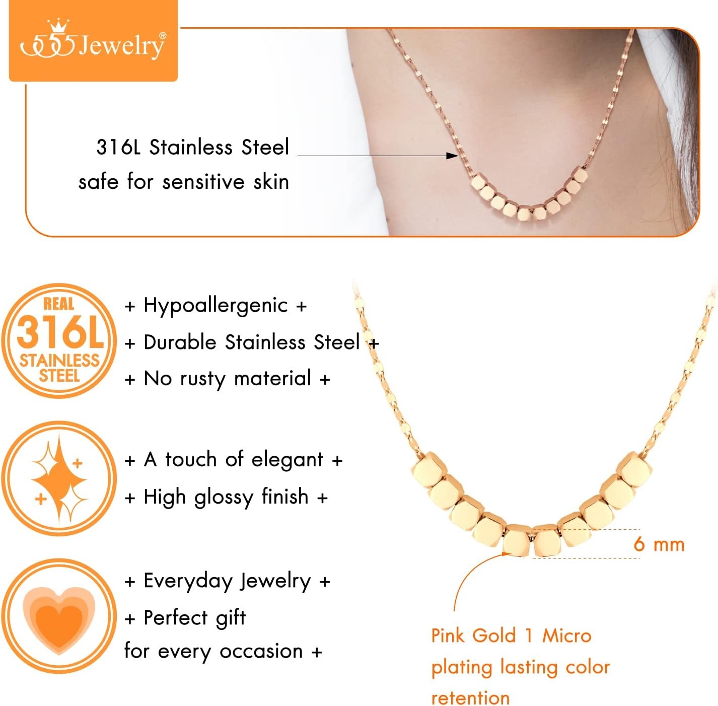 image:image555Jewelry Stainless Steel Tiny Sliding Cubes Anchor Chain Necklace for Women amp LadiesRose Gold