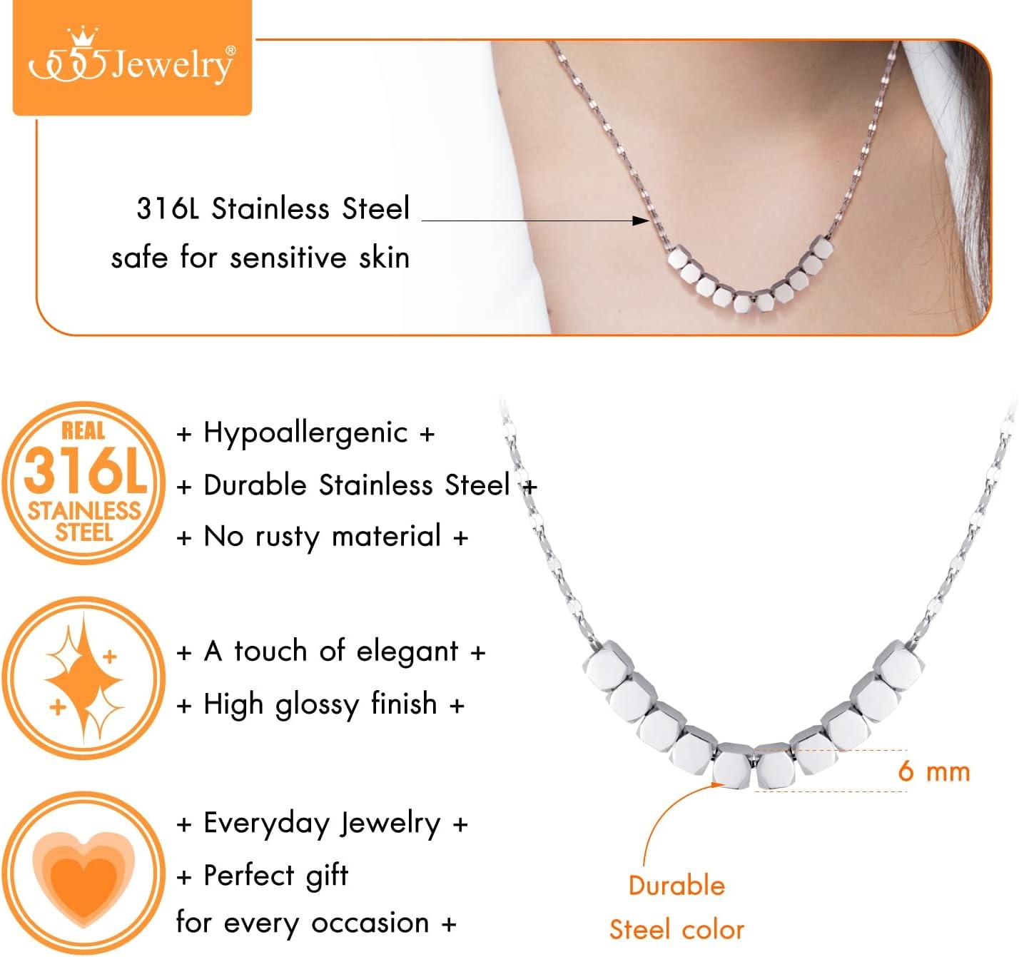 image:image555Jewelry Stainless Steel Tiny Sliding Cubes Anchor Chain Necklace for Women amp LadiesSilver