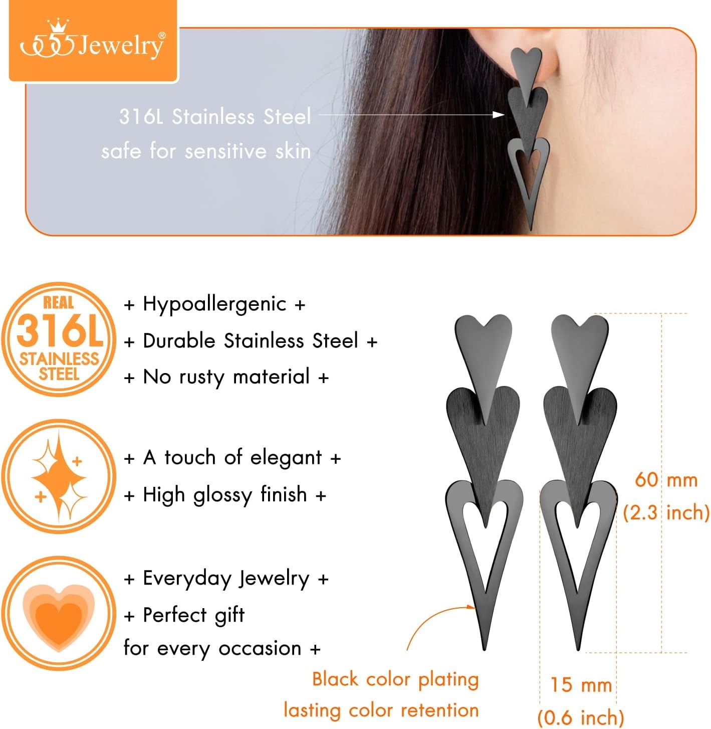image:image555Jewelry Stainless Steel Trio Heart Dangle Earrings for Women amp LadiesBlack