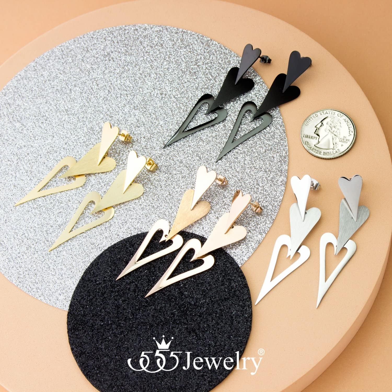 image:image555Jewelry Stainless Steel Trio Heart Dangle Earrings for Women amp LadiesBlack
