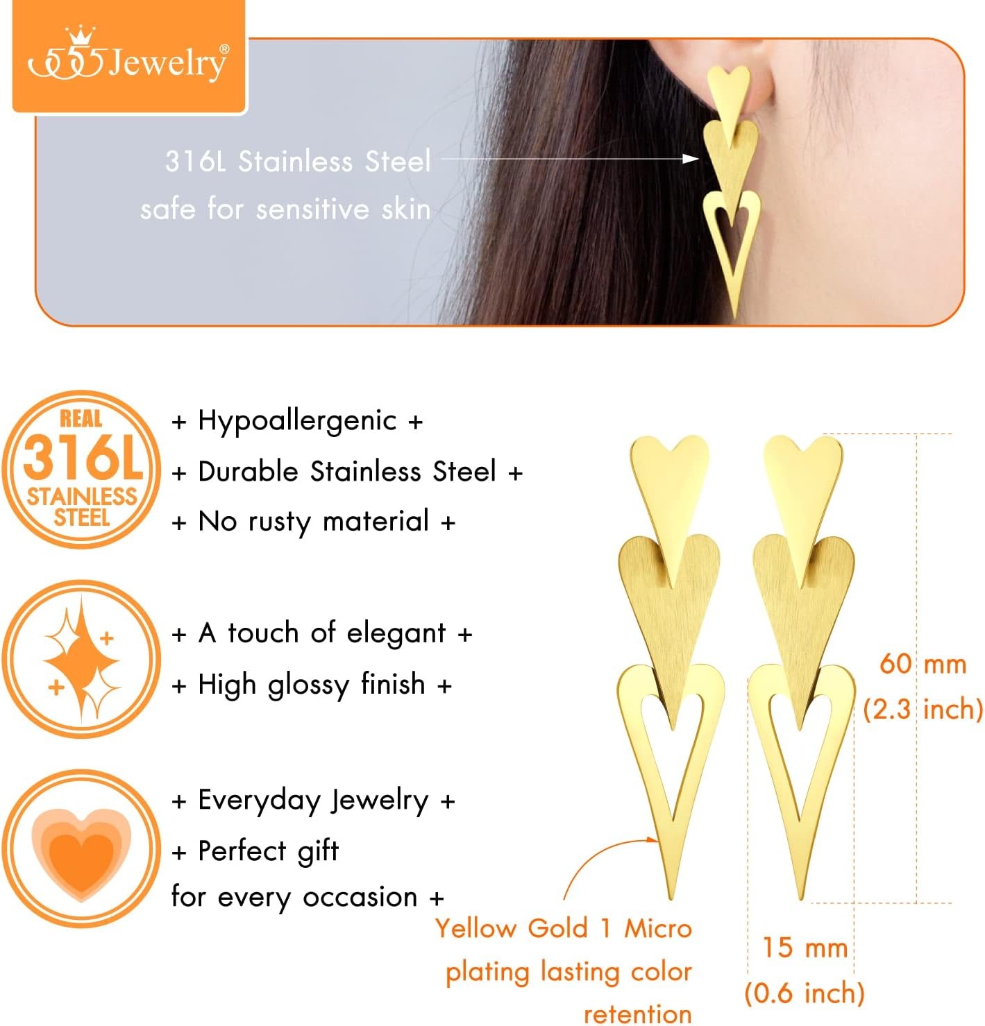 image:image555Jewelry Stainless Steel Trio Heart Dangle Earrings for Women amp LadiesGold