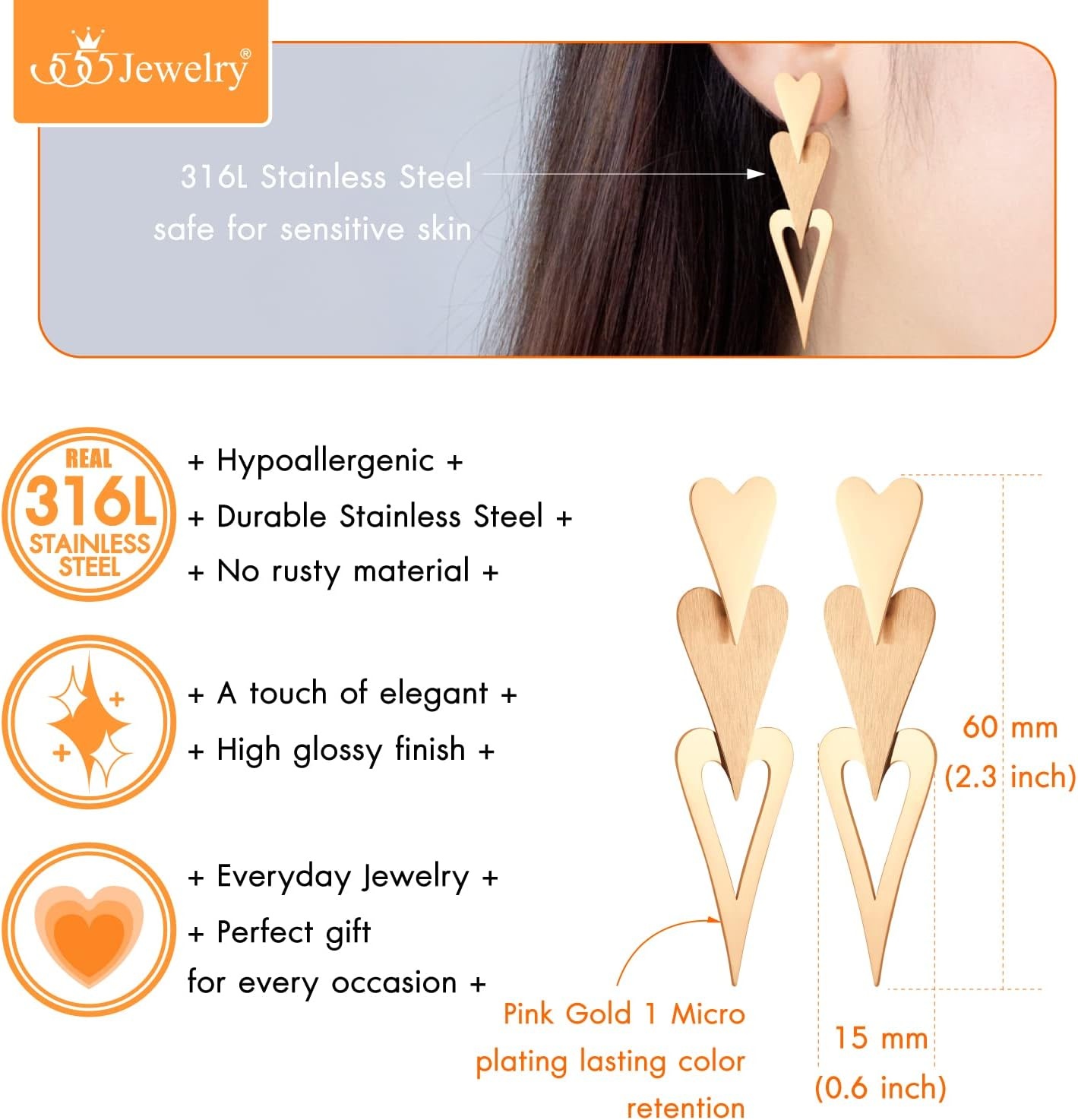 image:image555Jewelry Stainless Steel Trio Heart Dangle Earrings for Women amp LadiesRose Gold