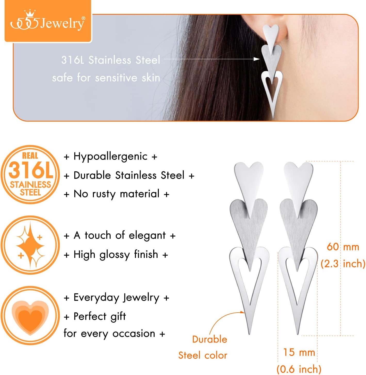 image:image555Jewelry Stainless Steel Trio Heart Dangle Earrings for Women amp LadiesSilver