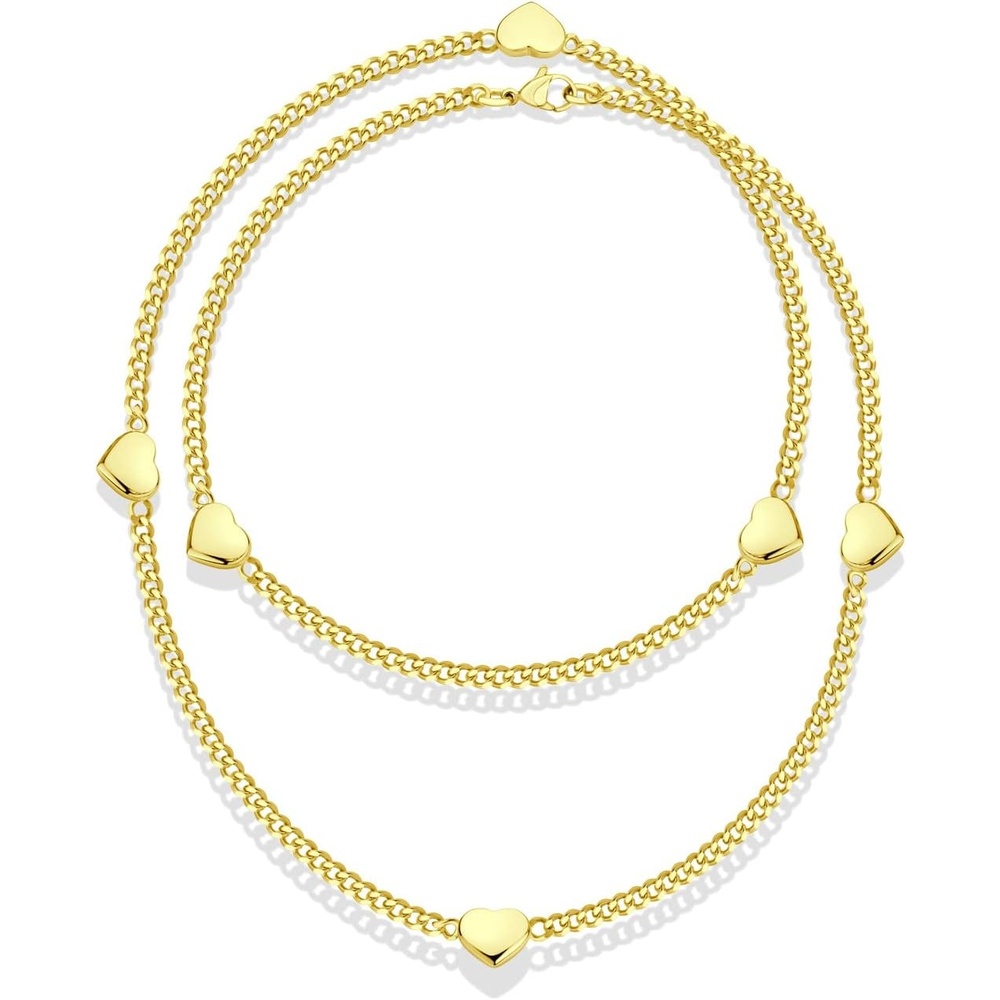 image:image555Jewelry Long Stainless Steel Stationed Hearts Curb Link Chain Necklace for WomenGold