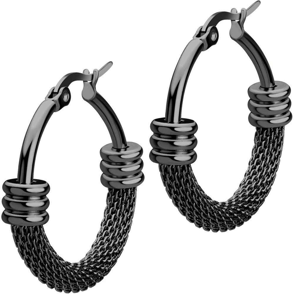 image:image555Jewelry Medium Braided Mesh Stainless Steel Round Hoop Earrings for Women Hypoallergenic Hoops EarringsBlack