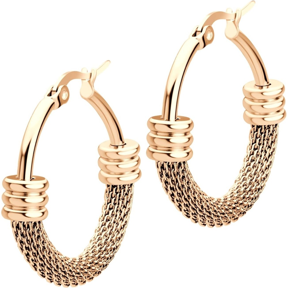 image:image555Jewelry Medium Braided Mesh Stainless Steel Round Hoop Earrings for Women Hypoallergenic Hoops EarringsRose Gold