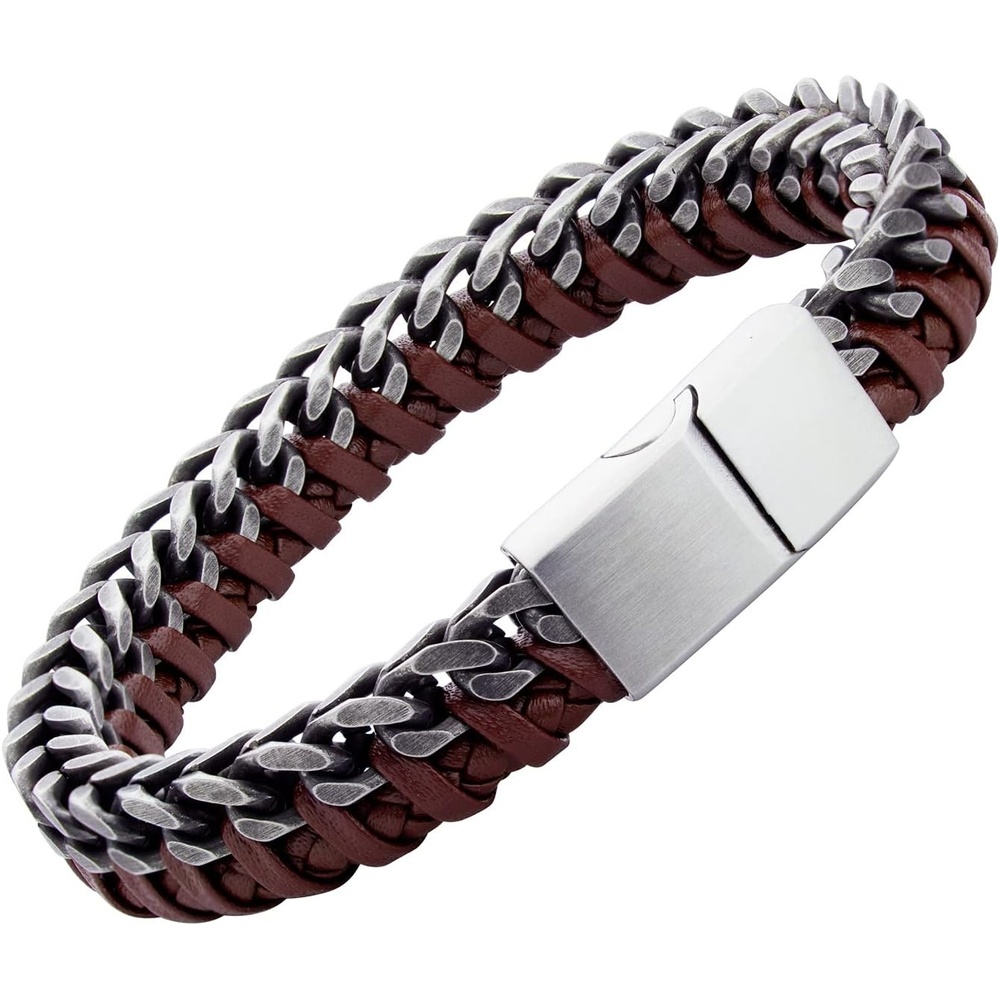 image:image555Jewelry Stainless Steel Braided Leather amp Cuban Link Chain Bracelet for MenBrown Leather Silver Clasp