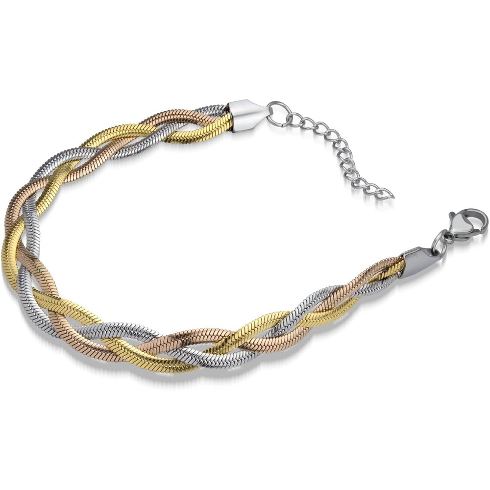 image:image555Jewelry Stainless Steel Flat Braided Snake Chain Bracelet for Women amp LadiesSilverGoldRose Gold