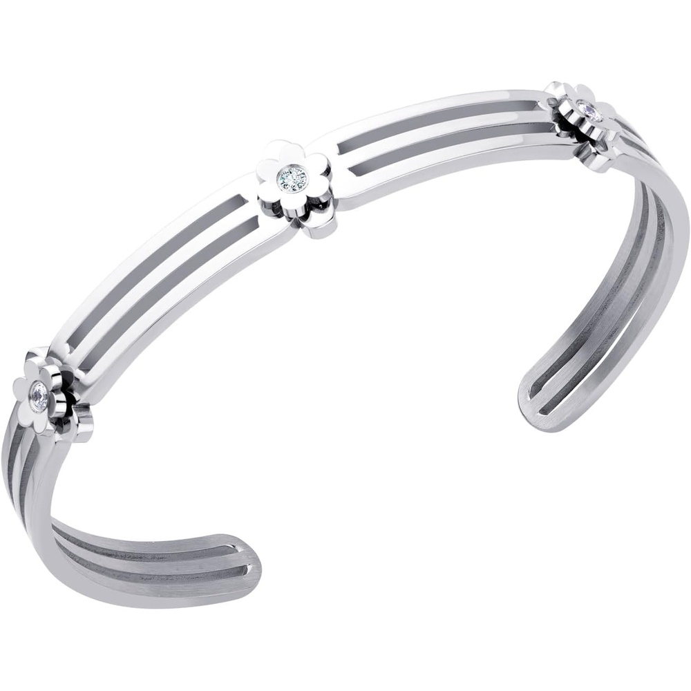 image:image555Jewelry Stainless Steel Grooved CZ Floral Open Cuff Bangle Bracelet for WomenSilver