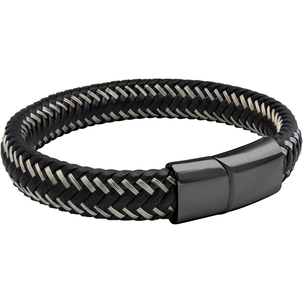 image:image555Jewelry Stainless Steel Magnetic Clasp Braided Silver amp Black Leather Bracelet for MenBlack
