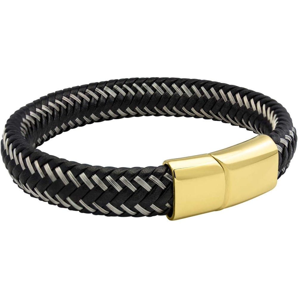image:image555Jewelry Stainless Steel Magnetic Clasp Braided Silver amp Black Leather Bracelet for MenGold