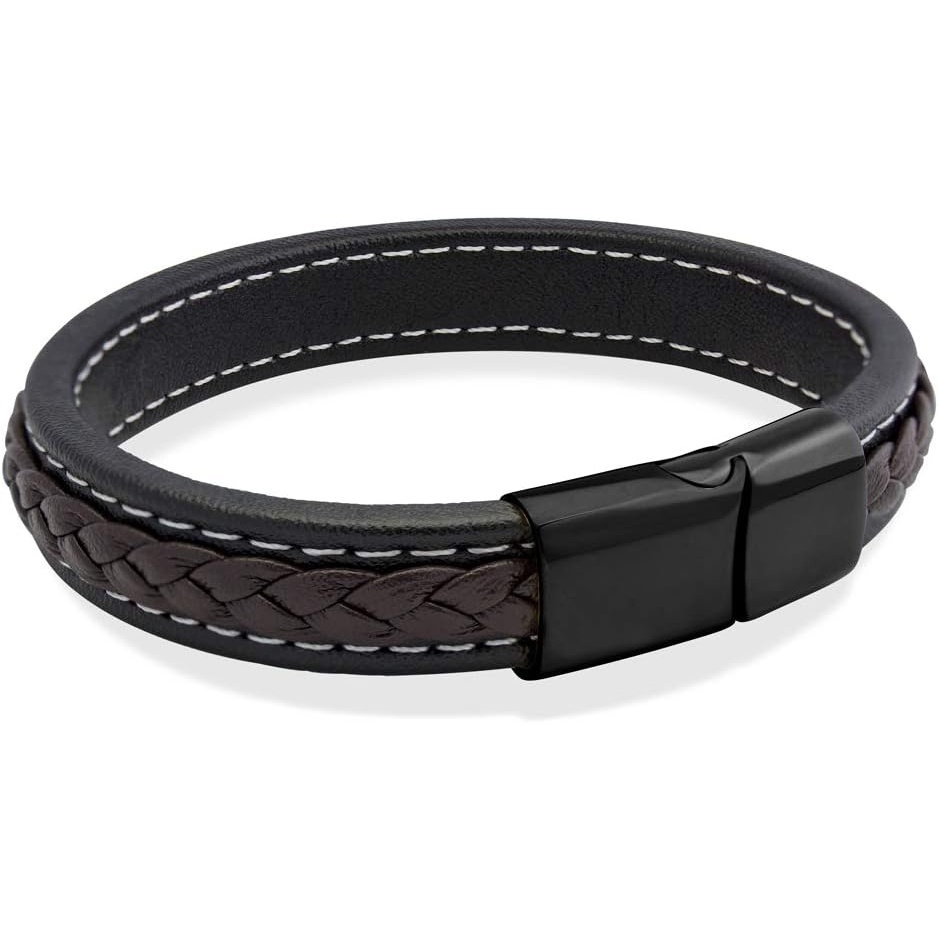 image:image555Jewelry Stainless Steel Magnetic Clasp Braided amp Stitched Black Leather Bracelet for MenBlack