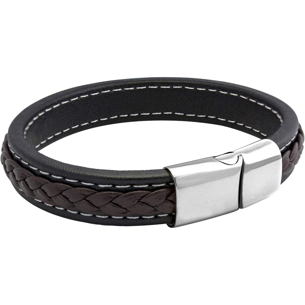 image:image555Jewelry Stainless Steel Magnetic Clasp Braided amp Stitched Black Leather Bracelet for MenSilver