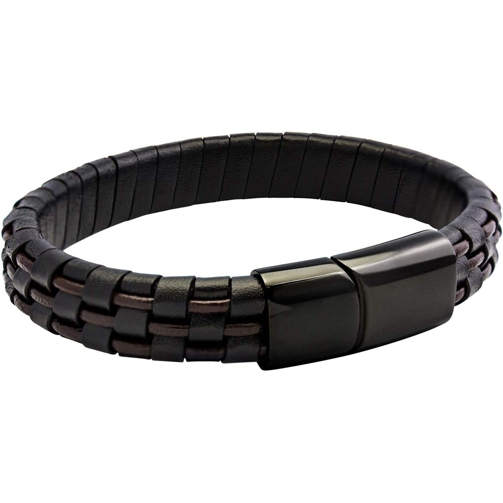 image:image555Jewelry Stainless Steel Magnetic Clasp Woven Brown amp Black Leather Bracelet for MenBlack