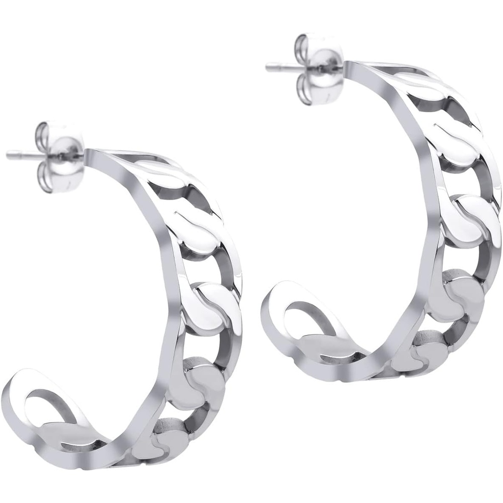 image:image555Jewelry Stainless Steel Medium Curb Link Open Hoop Earrings for Women amp LadiesSilver