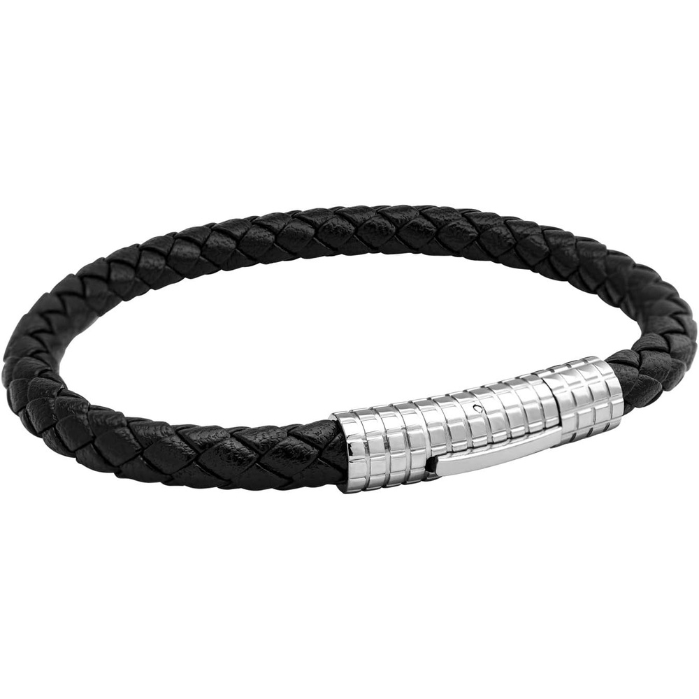 image:image555Jewelry Stainless Steel Ribbed Clasp Braided Black Leather Bracelet for MenSilver