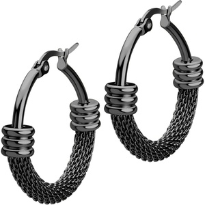 image:image555Jewelry Medium Braided Mesh Stainless Steel Round Hoop Earrings for Women Hypoallergenic Hoops EarringsBlack