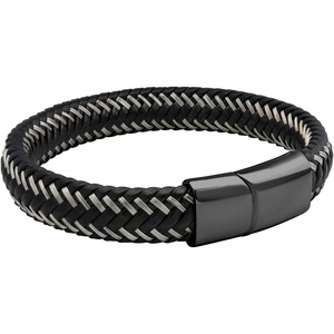 image:image555Jewelry Stainless Steel Magnetic Clasp Braided Silver amp Black Leather Bracelet for MenBlack