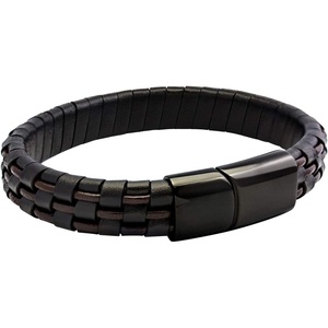 image:image555Jewelry Stainless Steel Magnetic Clasp Woven Brown amp Black Leather Bracelet for MenBlack