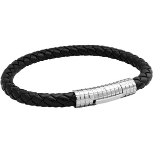 image:image555Jewelry Stainless Steel Ribbed Clasp Braided Black Leather Bracelet for MenSilver