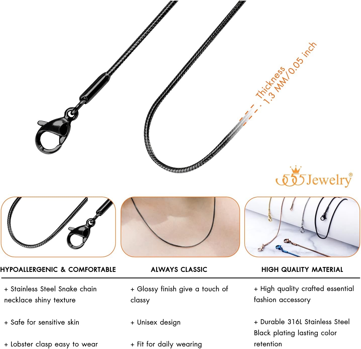 image:image555Jewelry 12mm Stainless Steel Snake Chain Necklace for Men amp Women 1628 InchBlack