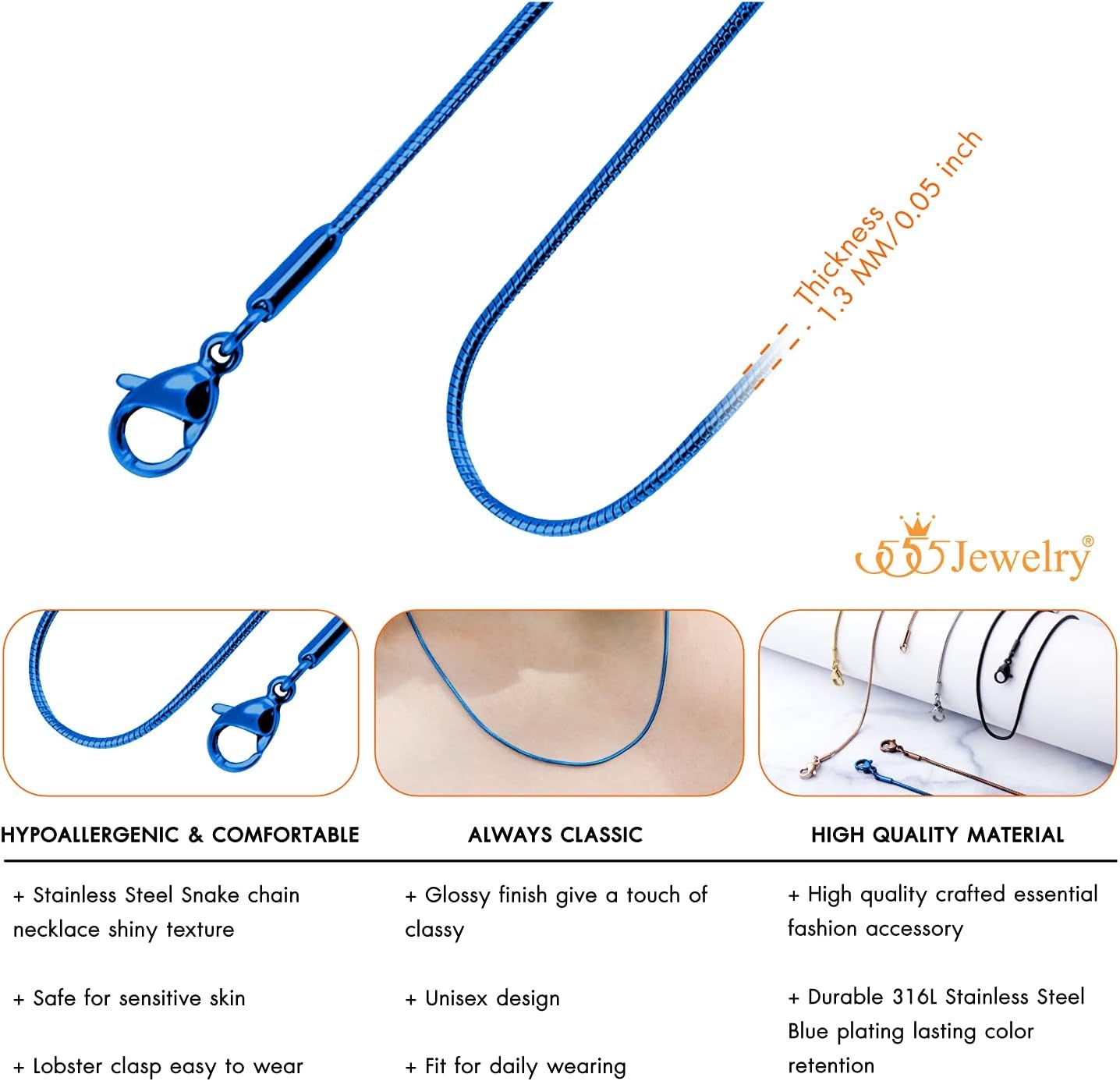 image:image555Jewelry 12mm Stainless Steel Snake Chain Necklace for Men amp Women 1628 InchBlue