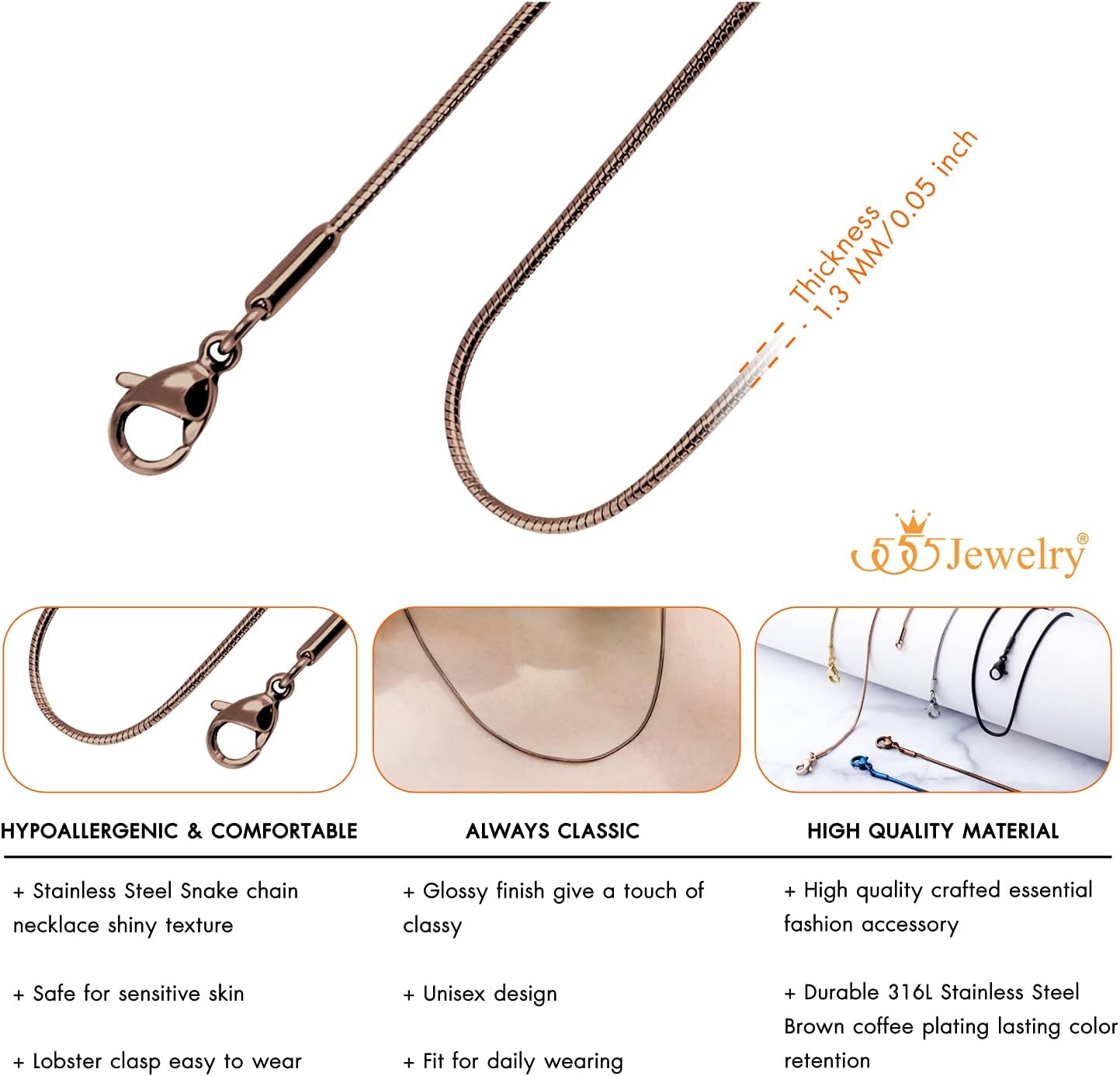 image:image555Jewelry 12mm Stainless Steel Snake Chain Necklace for Men amp Women 1628 InchCoffee