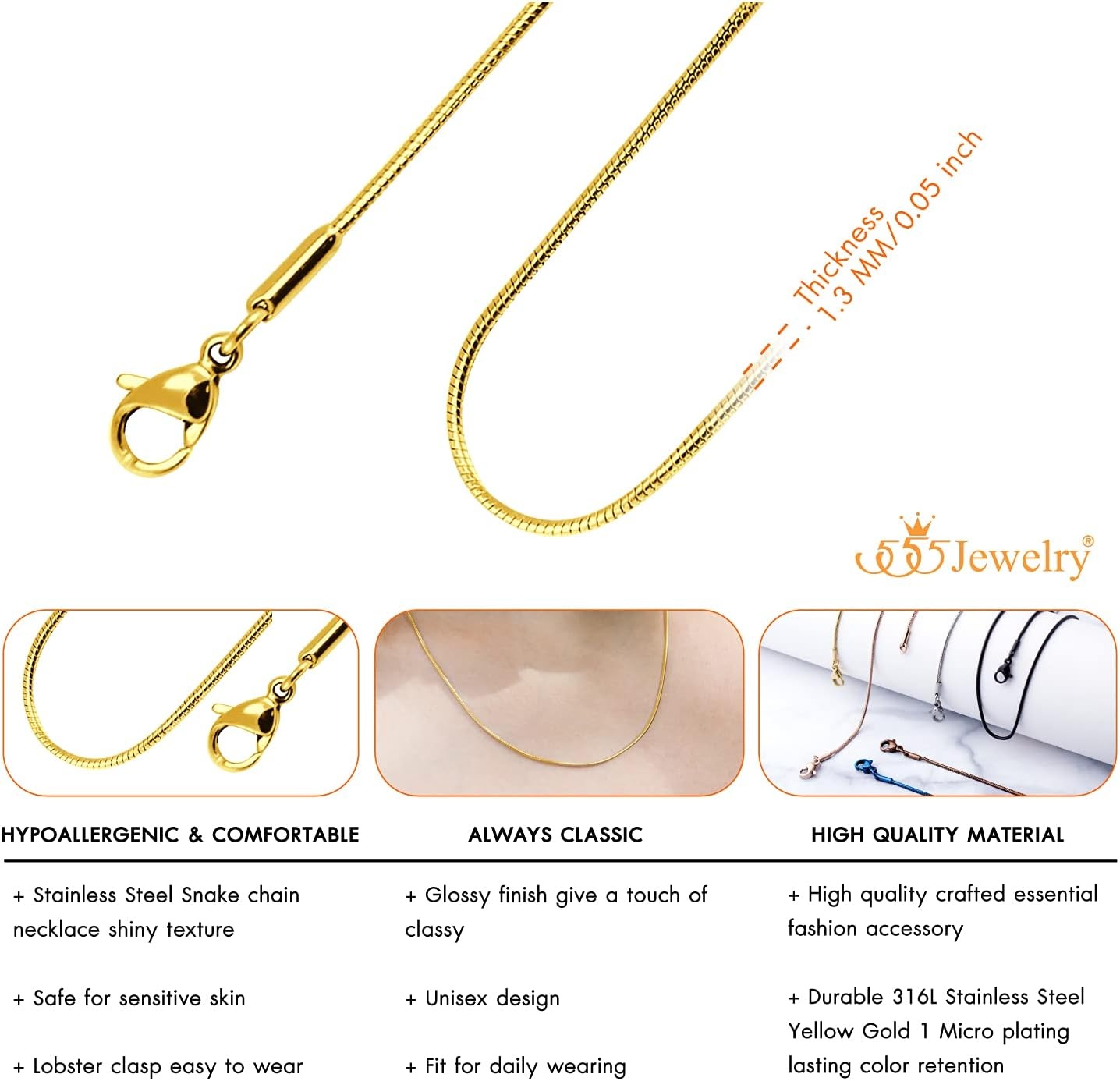 image:image555Jewelry 12mm Stainless Steel Snake Chain Necklace for Men amp Women 1628 InchGold