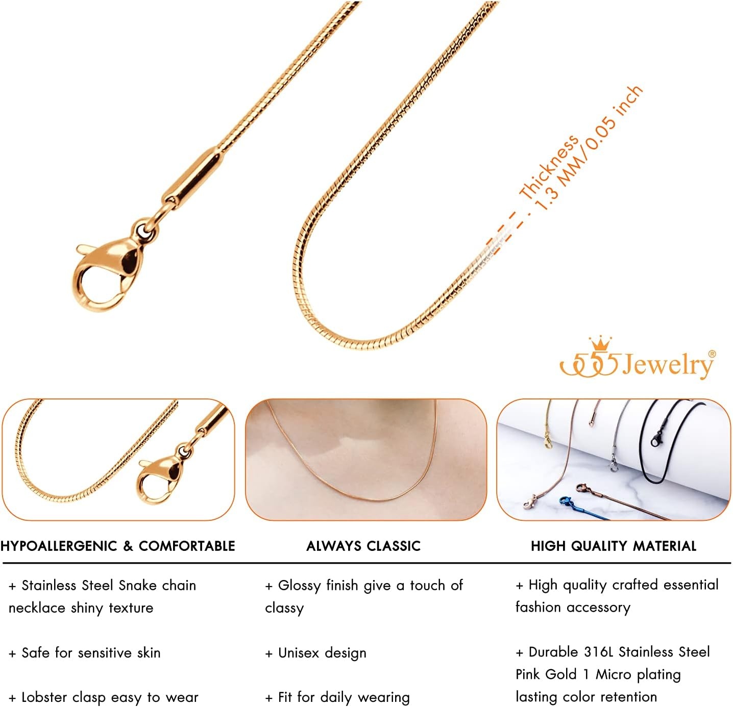image:image555Jewelry 12mm Stainless Steel Snake Chain Necklace for Men amp Women 1628 InchRose Gold