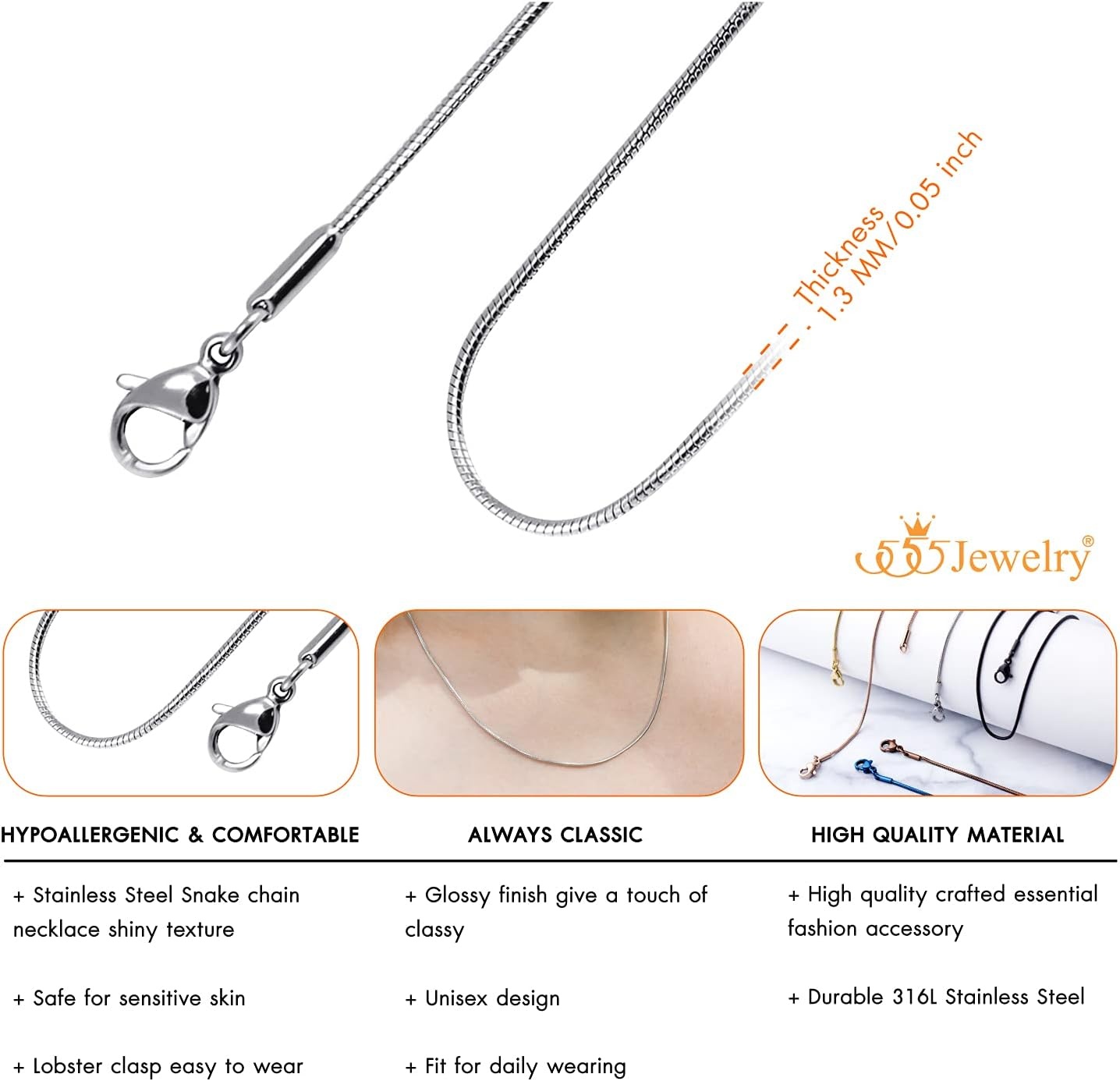 image:image555Jewelry 12mm Stainless Steel Snake Chain Necklace for Men amp Women 1628 InchSilver
