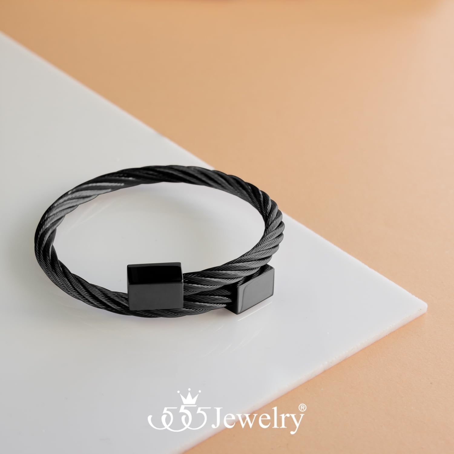 image:image555Jewelry 2 Tone Adjustable Twisted Cable Wire Bangle Bracelet Cuff for Women amp MenBlack Square Endings