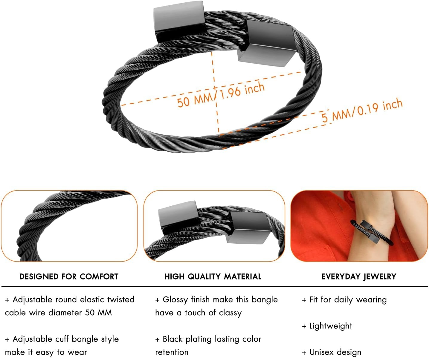 image:image555Jewelry 2 Tone Adjustable Twisted Cable Wire Bangle Bracelet Cuff for Women amp MenBlack Square Endings