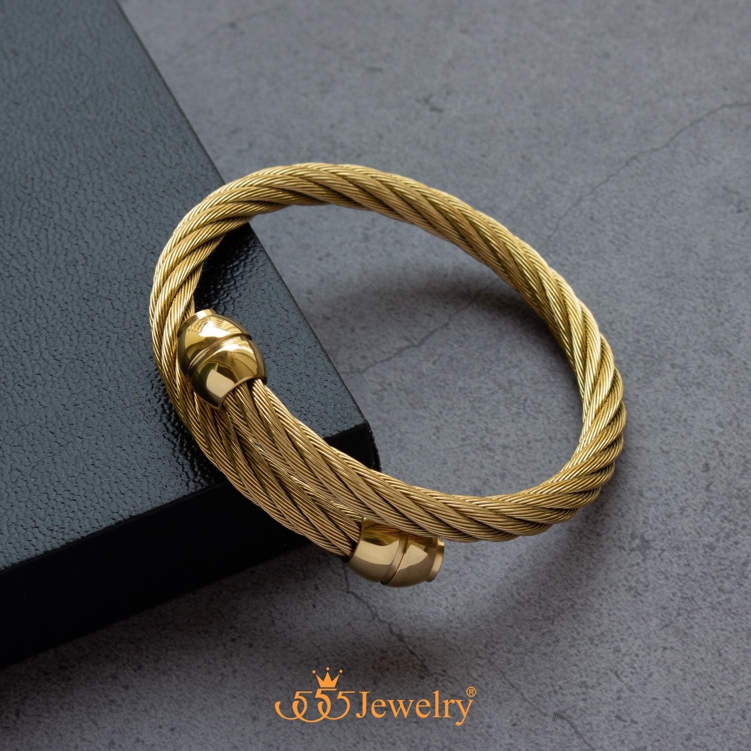 image:image555Jewelry 2 Tone Adjustable Twisted Cable Wire Bangle Bracelet Cuff for Women amp MenGold Bead Endings