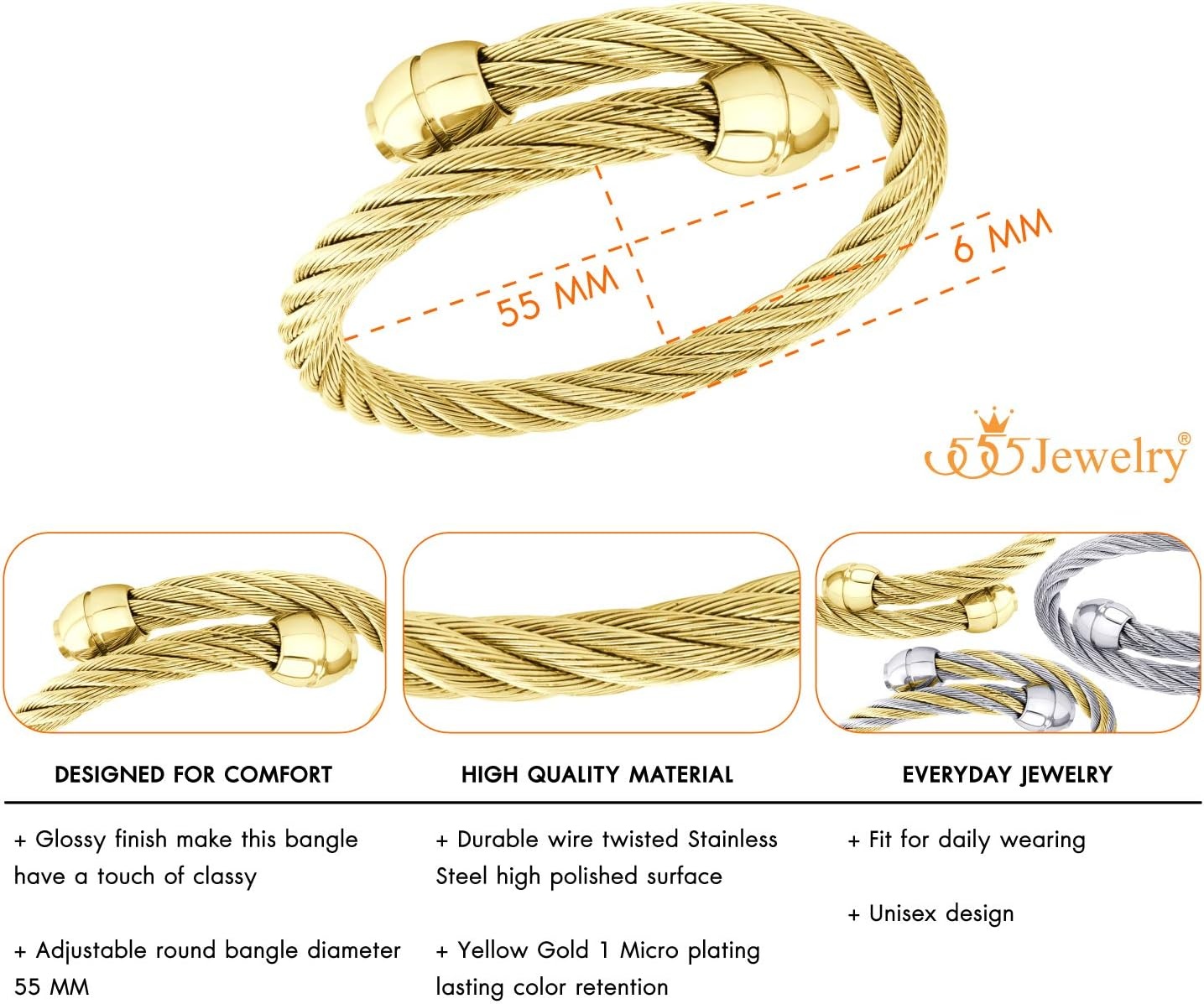 image:image555Jewelry 2 Tone Adjustable Twisted Cable Wire Bangle Bracelet Cuff for Women amp MenGold Bead Endings