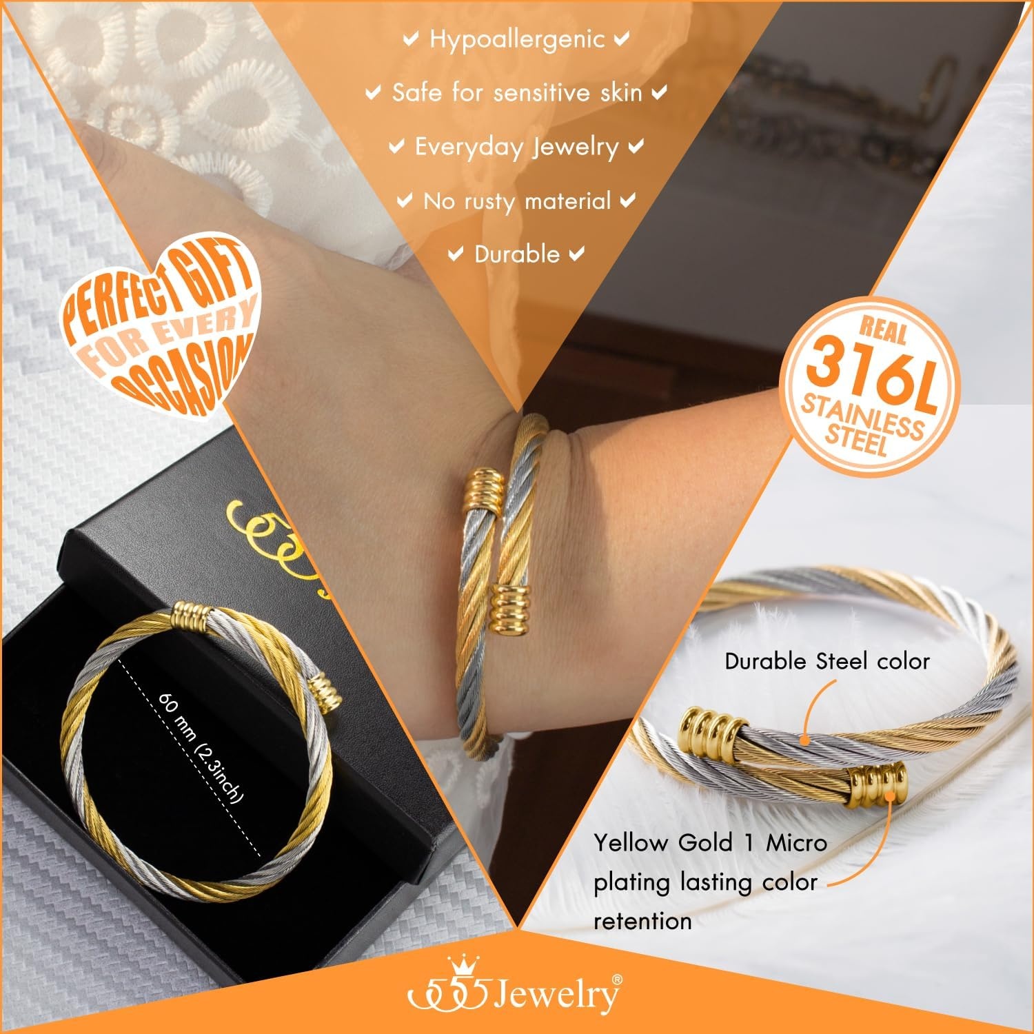 image:image555Jewelry 2 Tone Adjustable Twisted Cable Wire Bangle Bracelet Cuff for Women amp MenGold Gold