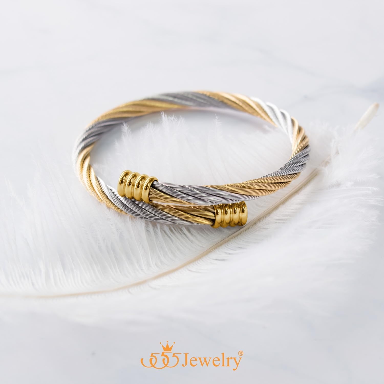 image:image555Jewelry 2 Tone Adjustable Twisted Cable Wire Bangle Bracelet Cuff for Women amp MenGold Gold