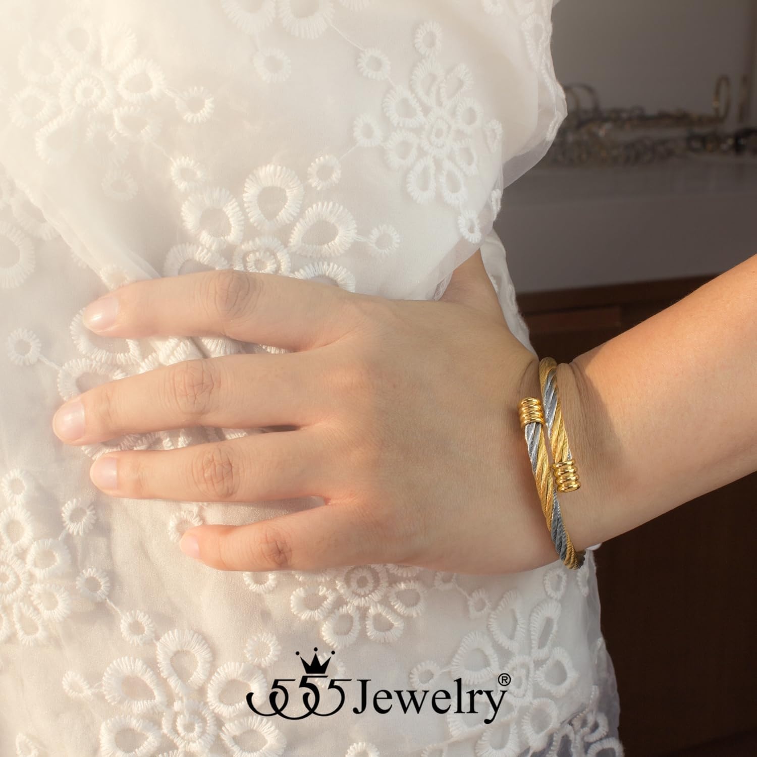 image:image555Jewelry 2 Tone Adjustable Twisted Cable Wire Bangle Bracelet Cuff for Women amp MenGold Gold