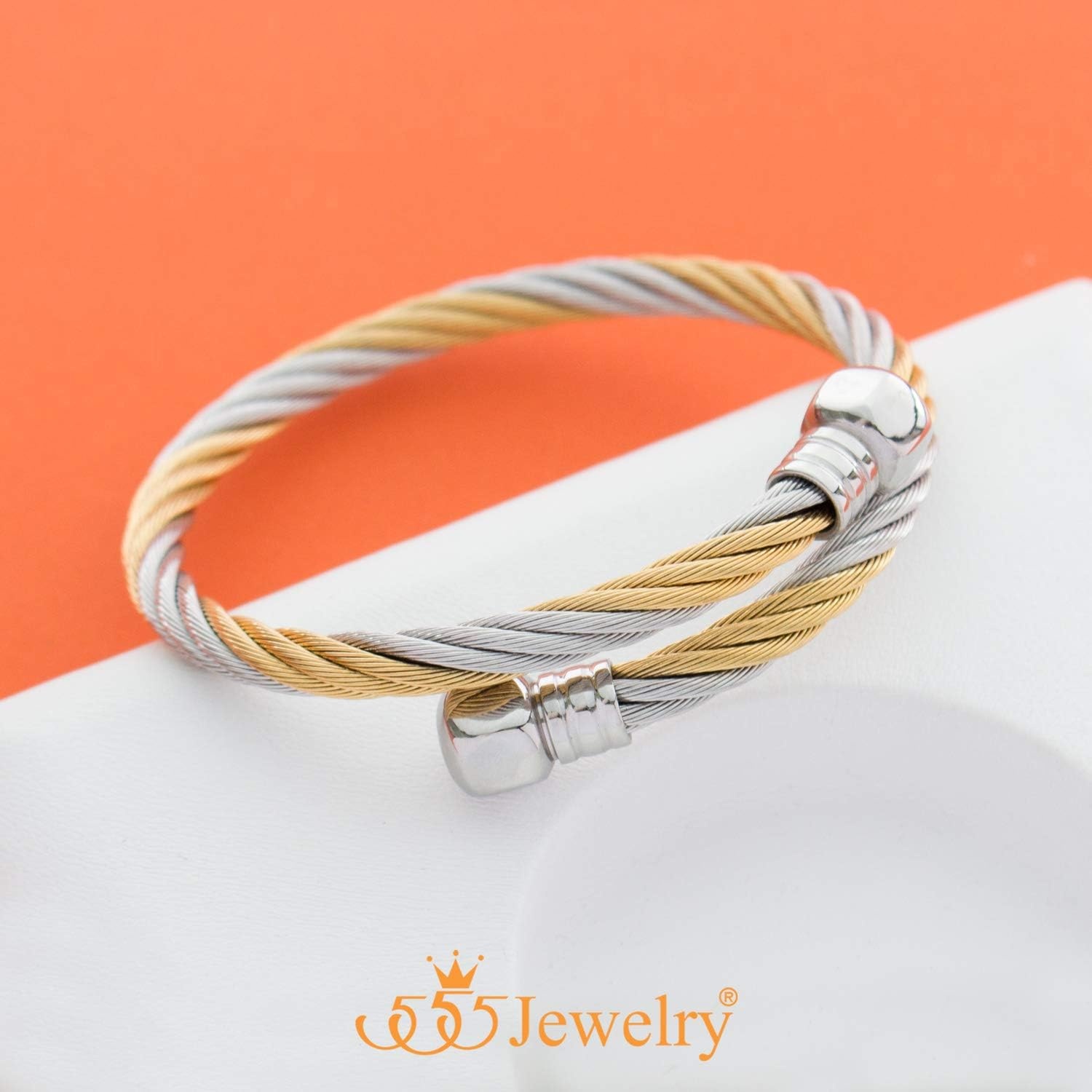 image:image555Jewelry 2 Tone Adjustable Twisted Cable Wire Bangle Bracelet Cuff for Women amp MenGold Hex Bolt Endings
