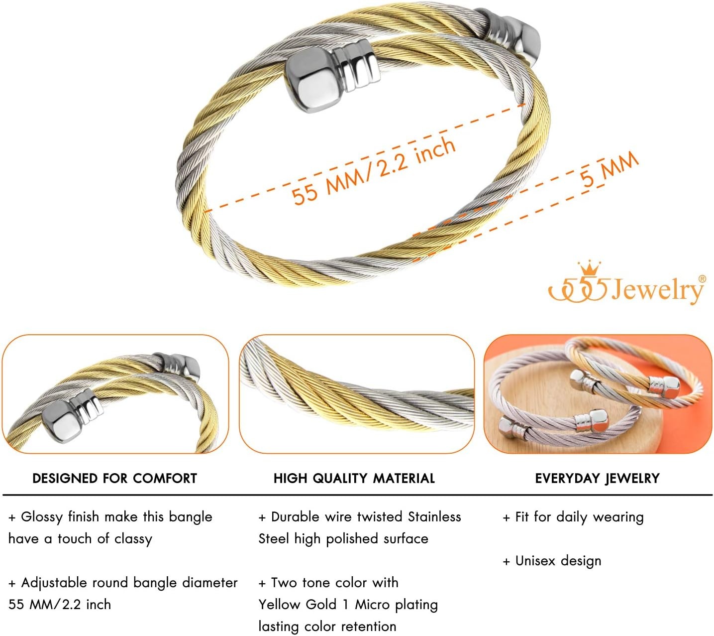 image:image555Jewelry 2 Tone Adjustable Twisted Cable Wire Bangle Bracelet Cuff for Women amp MenGold Hex Bolt Endings