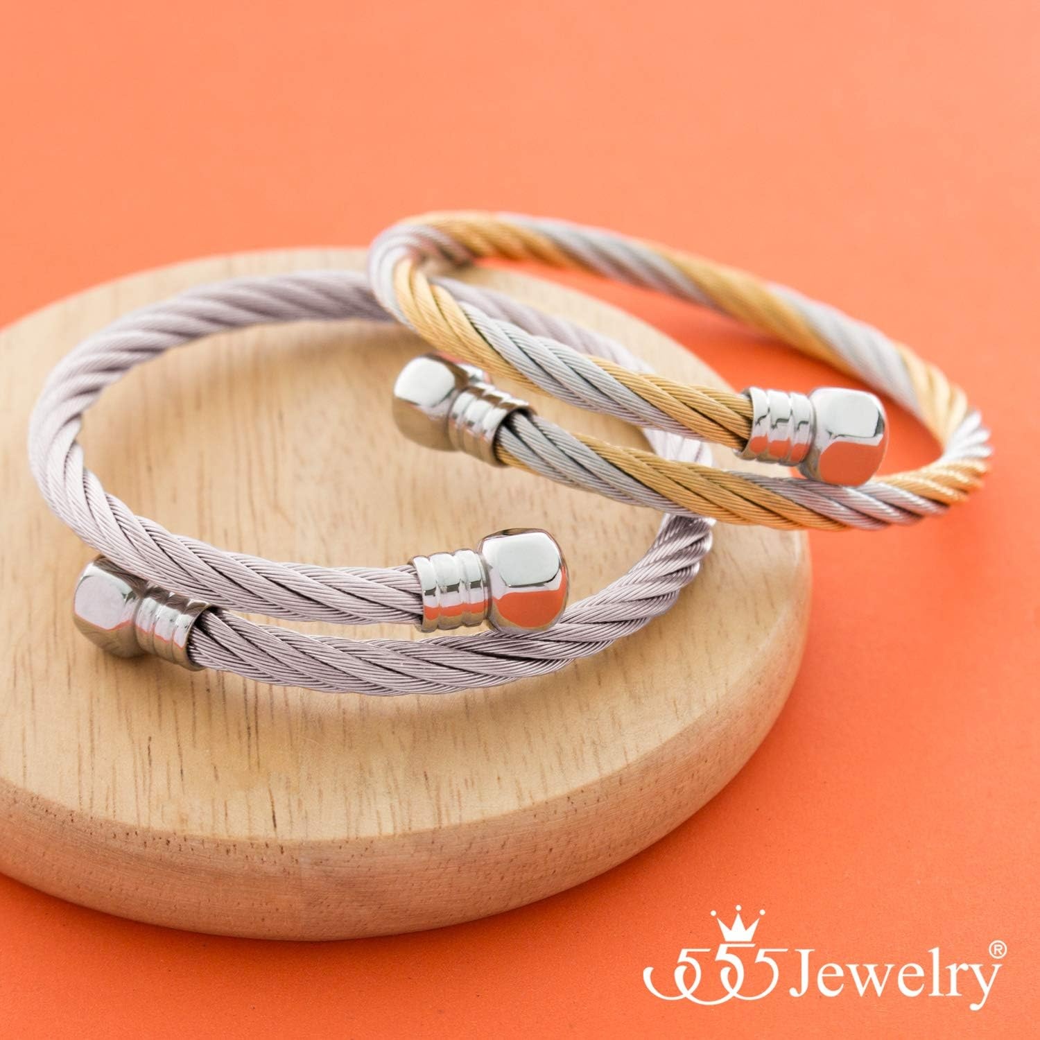 image:image555Jewelry 2 Tone Adjustable Twisted Cable Wire Bangle Bracelet Cuff for Women amp MenGold Hex Bolt Endings