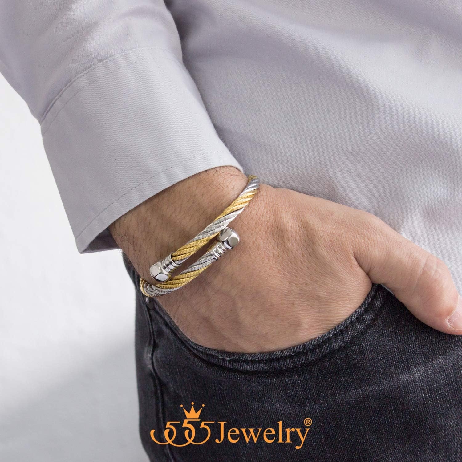 image:image555Jewelry 2 Tone Adjustable Twisted Cable Wire Bangle Bracelet Cuff for Women amp MenGold Hex Bolt Endings
