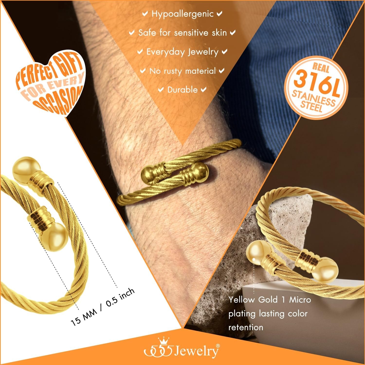 image:image555Jewelry 2 Tone Adjustable Twisted Cable Wire Bangle Bracelet Cuff for Women amp MenGold Round Endings
