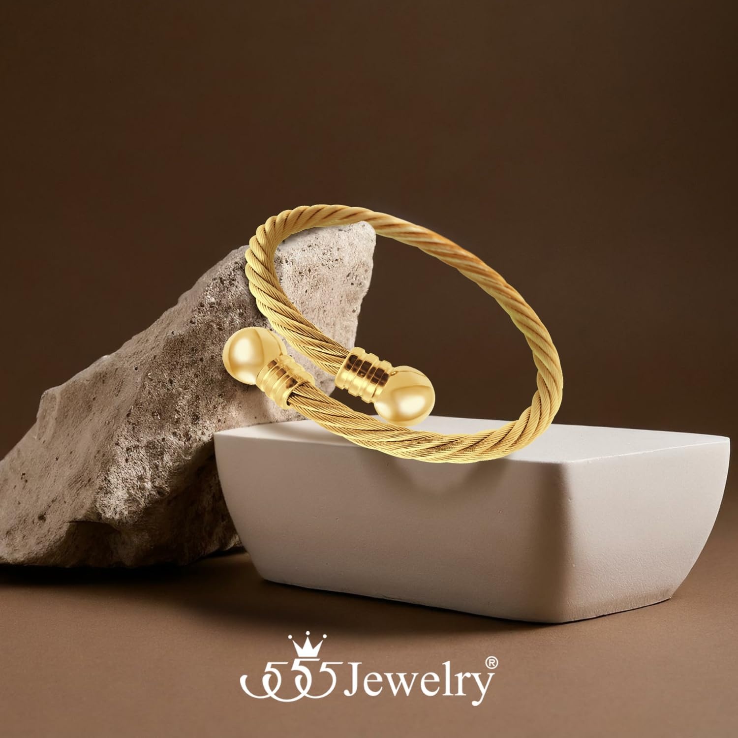 image:image555Jewelry 2 Tone Adjustable Twisted Cable Wire Bangle Bracelet Cuff for Women amp MenGold Round Endings